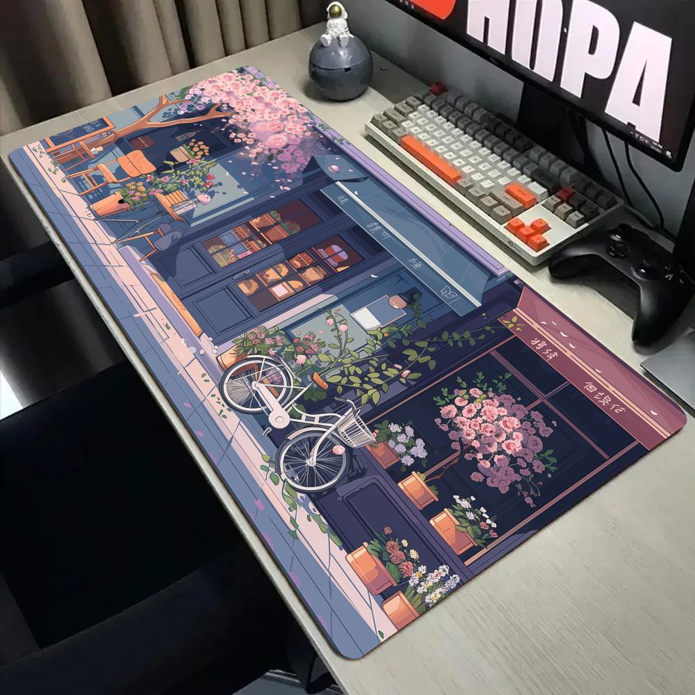 Gaming Accessories Shop - ロマンチックなデザートショップ大型マウスパッドデスクマットステッチエッジ付き滑り止めゲーミングマットPCアクセサリーキーボードデスクパッドマウスパッド