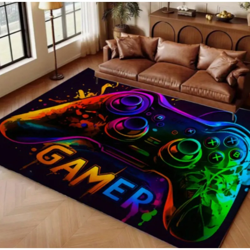 Gaming Hand Accessories - フランネルフロアマット、プレーヤーカーペットとコントローラーデザイン、ゲームルーム柄フロアマット、ゲーミングプレイヤーの雰囲気を演出する滑り止めマット
